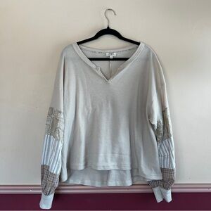 Umgee Cream V-Neck Sweater with Patterned Sleeves